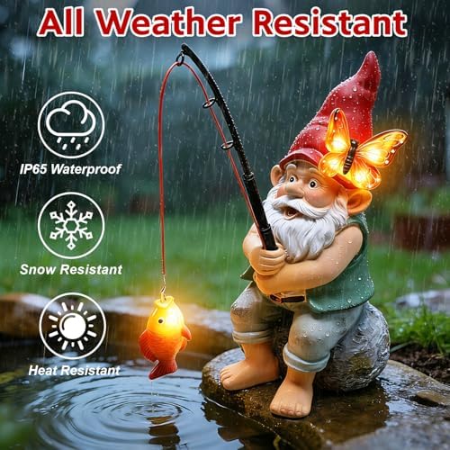 Solar Garden Gnome Statues, Outdoor Fishing Gnome with Butterfly Solar Lights Waterproof, Birthday Gifts for Mom Women Mother's Day, Garden Figurines for Yard Decor Patio Porch Lawn Ornaments - Image 4
