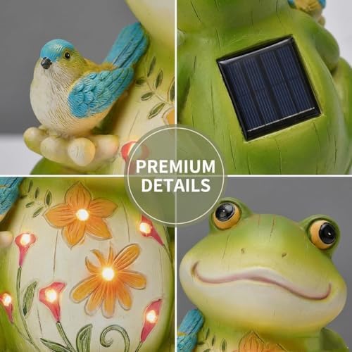 Solar Powered Frog Garden Statue, Resin Frog Figurine with Little Bird & Warm LED Lights, Waterproof Outdoor Decor Frog Sculpture, Lawn Yard Patio Backyard Flower Bed Ornament, Housewarming Gift - Image 3
