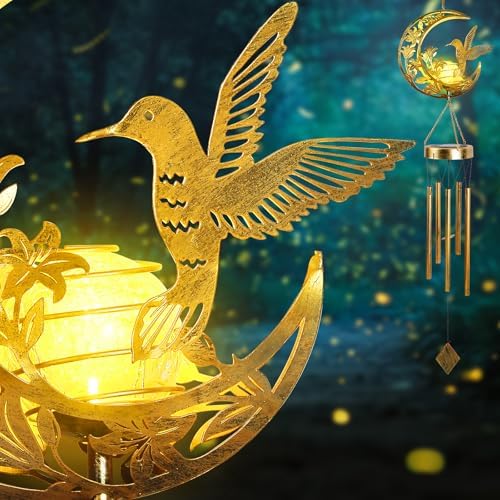JOBOSI Moon & Hummingbird Wind Chimes, Solar Hummingbird Wind Chime for Outside, Gifts for Mom, Women, Grandma, Outdoor Garden Lawn Yard Decor Gifts - Image 2