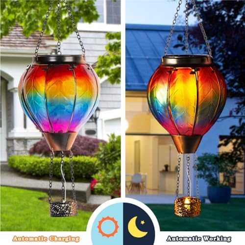 Starsoul 2 PC Rainbow Hot Air Balloon Solar Lantern with Flame Glass Outdoor Hanging Hot Air Balloon Solar Light Waterproof Garden Patio Yard Party Decorations - Image 3