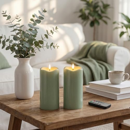 Rossesay 2 Pack 4 x 8 Inch Large Waterproof LED Pillar Candles, Sage Green - Image 3