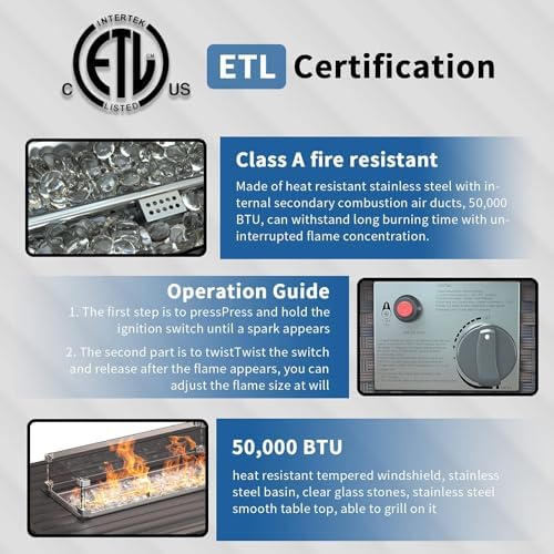 43" Wicker Outdoor Propane Gas Fire Pit Table with Rectangle Fire Pit Lid,55000 BTU Auto-Ignition Table Fire Pit w/Glass Wind Guard, Glass Rock for Outdoor,ETL Certified - Image 6