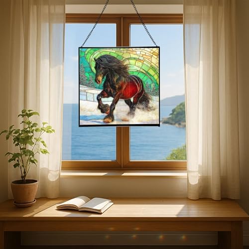 Black Icelandic Horse Climbing Snowy Slope Square Suncatcher – Stained Glass Style Window Panel with Pastoral Scene, Custom Decorative Hanging Art for Equestrian Home, Christmas Rzvlwy - Image 5