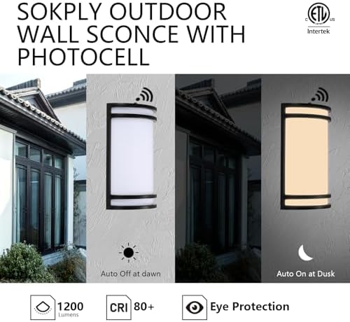 10in Dusk to Dawn Front Porch Light 15W 1200lm(75W Eqv.) 120V, 3000K/4000K/5000K Adjustable IP65 Modern Half-Cylinder Outdoor Wall Sconce Light for Exterior Hallway Corridor, ETL Listed(Black) - Image 2