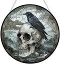 Skull Crow Stained Glass Window Hanging Suncatcher 12" Glass Panel with Metal Chain Sun Catchers Wall Art Home Decor Gift for Women Mother's Day by 365CUSGIFTS