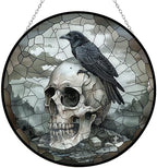 Skull Crow Stained Glass Window Hanging Suncatcher 12" Glass Panel with Metal Chain Sun Catchers Wall Art Home Decor Gift for Women Mother's Day by 365CUSGIFTS