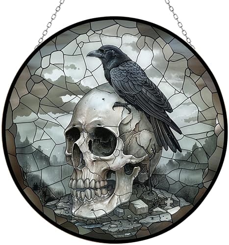 Skull Crow Stained Glass Window Hanging Suncatcher 12" Glass Panel with Metal Chain Sun Catchers Wall Art Home Decor Gift for Women Mother's Day by 365CUSGIFTS
