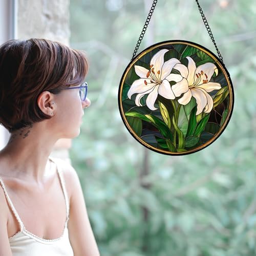 White Lily Flower Leaves Stained Glass Window Hanging Suncatcher Gifts 15" - Image 3
