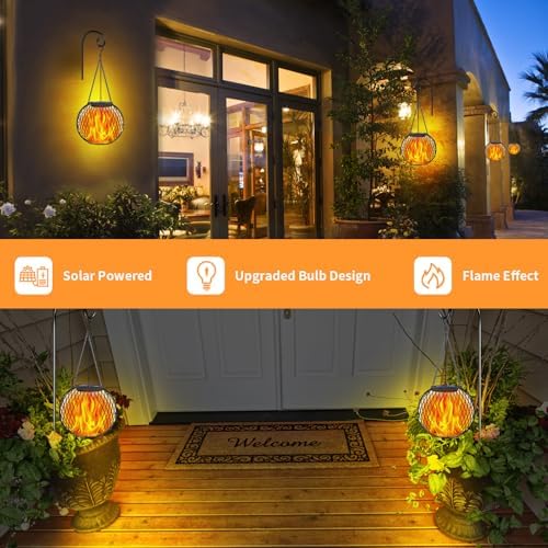 TomCare Solar Lanterns Outdoor 4 Pack Flickering Flame Metal Hanging Lights - Image 5