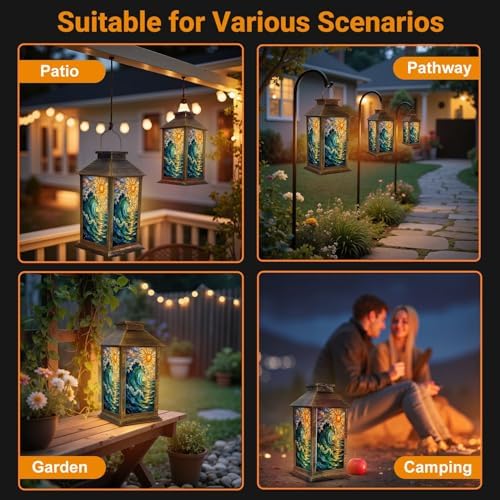 Solar Lantern Outdoor Waterproof Stained Glass Wave Sun Artwork Turquoise Gold Details Garden Decor LED Hanging Solar Lights Tabletop Lamp Gifts for Women Mom Outside Yard Patio Porch - Image 6