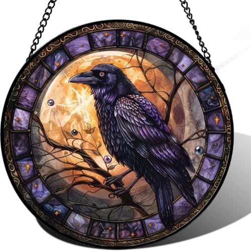 9.84 Inch Moonlit Gothic Crow Stained Glass Window Hanging Sun Catcher for Door Garden Home Moonlit Gothic Crow Decor Suncatcher Father's Day Mother's Day Birthday Gifts for Women Men Mom Nana by Unknown