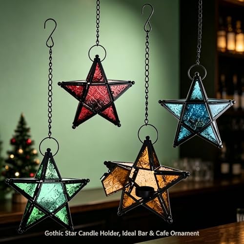 Moroccan Star Lantern,Metal Moroccan Star Lanterns Hanging,Vintage Five Point Star Hanging Candle Lantern, Embossed Stained Glass Iron Windproof Tealight Holder (Blue) - Image 5