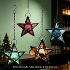 Moroccan Star Lantern,Metal Moroccan Star Lanterns Hanging,Vintage Five Point Star Hanging Candle Lantern, Embossed Stained Glass Iron Windproof Tealight Holder (Yellow) - Image 5