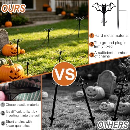 8 Sets Metal Halloween Fence for Outdoor Garden, 23.6in Halloween Graveyard Fences Bat Garden Fence with Connecting Chains Weatherproof Spooky Cemetery Decor for Outdoor Graveyard Pathway Party Scene - Image 4