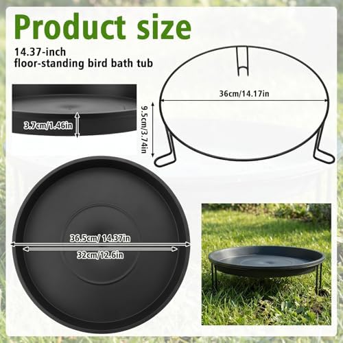 14.37'' Ground Bird Bath for Outside Large Bird Bath, Black - Image 2