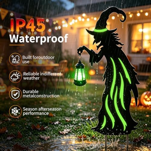 Halloween Decorations Outdoor,Metal Yard Witch Stake with Solar Lantern - Image 3