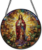 Maria with Light Rays Suncatcher Window Hanging Handmade Stained Glass Suncatchers Decoration with Metal Chain Outdoor Garden Decor Gift for Women Christmas Thanksgiving 9.8 Inch by Unknown
