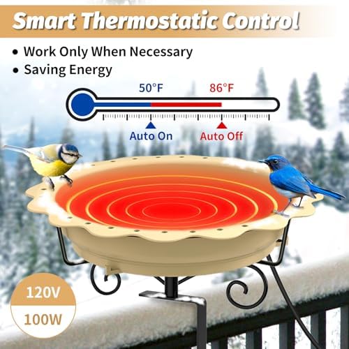 Heated Bird Bath for Deck Railing, 100W Heated Birdbath for Outdoors, Khaki - Image 3
