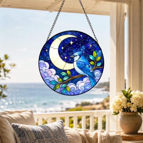 Blue Jay Moon Stained Glass Window Hanging with Metal Chain - Image 2