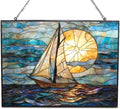 Stained Glass Window Hanging, Art Nouveau Horizon Sailboat Sun Catchers Glass Panel Rectangle Hangings Abstract Suncatcher Decor for Birthday for Women, Men, Wife, Aunt, and Mom 15"x11" by 365CUSGIFTS