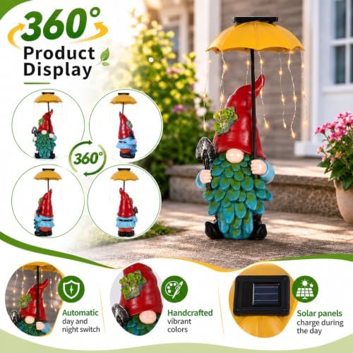Solar Garden Gnome Statue with Umbrella LED String Lights, DIY Yard Decor - Image 3