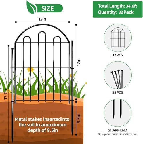 32 Pack Decorative Garden Fence, 17in x 34.6ft Arched No Dig Animal Barrier Fence for Dog Rabbit, Garden Edging Border, Rustproof Metal Ground Stake Border Fencing Panel for Outdoor Yard Patio Decor - Image 2