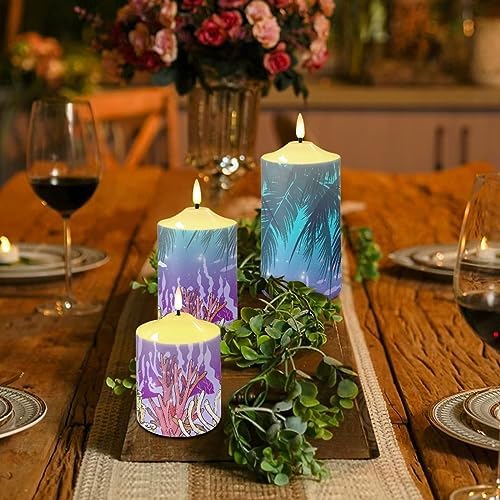 Cozeyat Flickering Flameless Candles with Timer, Seaweed Palm Leaf Scenery Print Flameless LED Candles Set of 3, Unscented Flameless Bullet Floating Candles for Party Decoration - Image 4