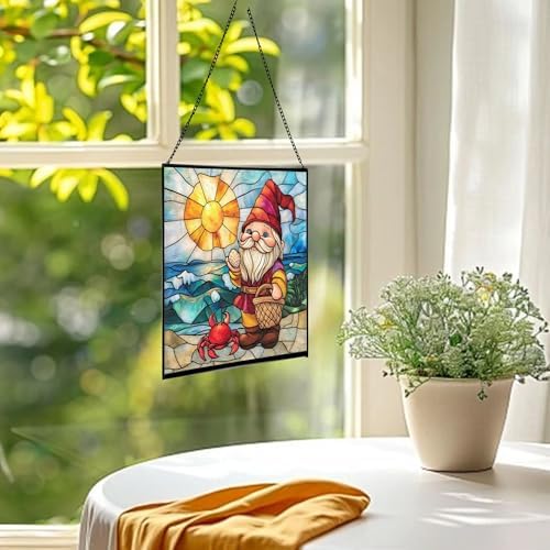 Coastal Gnome Day Stained Glass Suncatcher – Square Hanging Window Panel for Home or Greenhouse – Whimsical Glass Art Gift for Garden Lovers, Christmas, Halloween, Father Days MDrNXL - Image 3