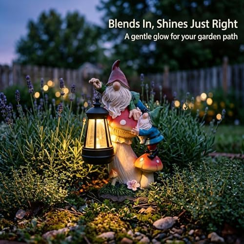 Solar Gnome Garden Statue with Mushroom Lights for Outdoor, Waterproof Garden Gnomes Decor for Yard Lawn Balcony, Cute Gnome Figurine Lights for Patio Decor, Ideal Gift for Garden Lovers & Homeowners - Image 6