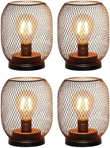 TRIROCKS Set of 4 Battery Operated Lamp LED Table Lantern, Metal Cage Cordless Lamps with LED Bulb，Vintage Decorative Outdoor Lantern for Weddings, Parties, Patio, Events for Indoors Shelf Decor by TRIROCKS