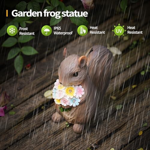 8" Solar Squirrel Garden Statue with Flower Lights, Resin Squirrel Holding Flowers Outdoor Decor, Waterproof Solar Powered Animal Statue for Yard, Lawn, Garden - Image 2