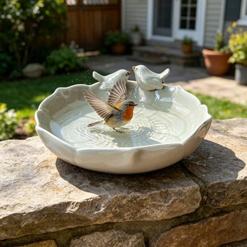 Ceramic Heavy Duty Ground Wild Bird Bath Bowl or Feeder for Outdoor Garden, Bowl Only (Beige (Glossy)) - Image 4