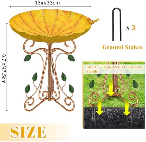 Vintage Metal Bird Bath for Outside, 13" Dia Birdbaths Bowl with Cast Iron Pedestal, Large Antique Bird Feeder with Folding Bracket for Outdoors Garden Patio Yard Decor (Retro Yellow) - Image 2