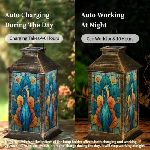 Solar Lantern Colorful Peacock Stained Glass Outdoor Waterproof Garden Hanging Lantern Solar Powered Lighting Outside Solar Light for Patio Yard Camping, Gifts for Women Mom - Image 4