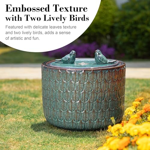 Glitzhome 14.75”H Outdoor Ceramic Water Fountain with LED Light and Pump, Embossed Leaf Pattern Floor Standing Bird Bath Fountain with Two Birds Decor for Patio Porch Deck Backyard, Turquoise - Image 4