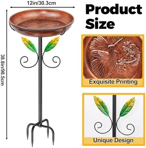 Metal Bird Bath for Outside Feeder Bowl, 38.8“ Detachable Birdbath & Birdfeeder with Hummingbird Flower Reliefs, Vintage Birds Baths for Outdoors Garden Yard Lawn Decor (Bird Retro Brown) - Image 2
