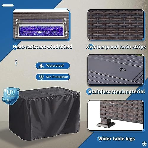 43" Wicker Outdoor Propane Gas Fire Pit Table with Rectangle Fire Pit Lid,55000 BTU Auto-Ignition Table Fire Pit w/Glass Wind Guard, Glass Rock for Outdoor,ETL Certified - Image 5