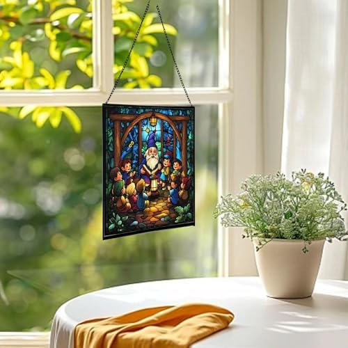 Gnome Storyteller Stained Glass Suncatcher – Square Hanging Window Panel for Home, Garden, Nursery, Halloween, Christmas, Memorial Day – Whimsical Glass Art Gift for Gnome Lovers 0fy5t1 - Image 3