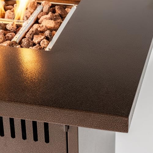 28'' Propane Fire Pit Table, 50,000 BTU Fire Table with Steel Lid, Big Legs, Laval Rocks, Deck Safe Fire Pit, Gas Fire Pits for Outside Patio, Brown. - Image 3