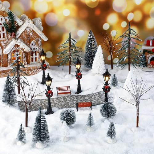 Hotop 28 Pcs Mini Artificial Christmas Village Tree Set Snow Christmas Pine Bare Branch Trees Xmas Street Lamp Post Miniature Park Bench Seat Cobblestone Street for Decoration(Stylish) - Image 3