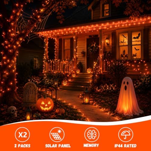 QITONG Solar Halloween String Lights, 2 Pack Each 66ft 200 LED Orange led Lights Outdoor Waterproof, Green Wire Twinkle Light with 8 Modes for Outside - Image 2