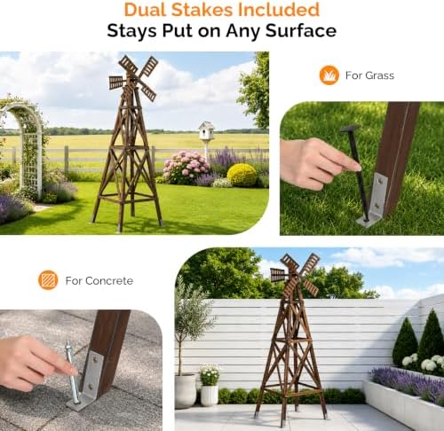 VINGLI Upgraded Wood Windmill with Bearing&Stake for Lawn(Carbonized Brown) - Image 3