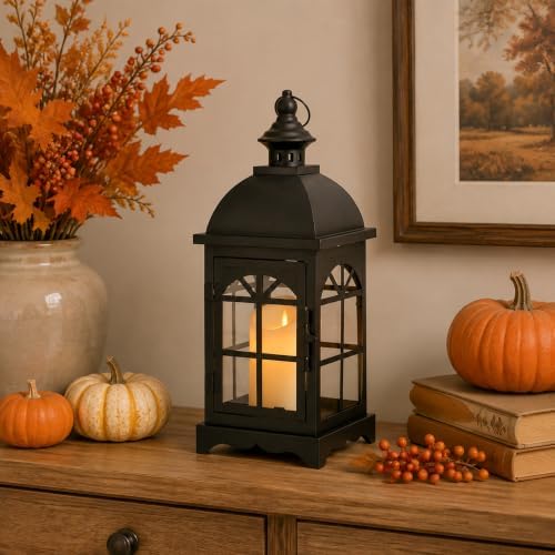 TRIROCKS Decorative Vintage Candle Lanterns 14.5" H Farmhouse Outdoor Hanging Lanterns with Tempered Glass for Porch, Balcony, Patio, Home, Centerpieces, Indoor, Outdoor(Black) - Image 2