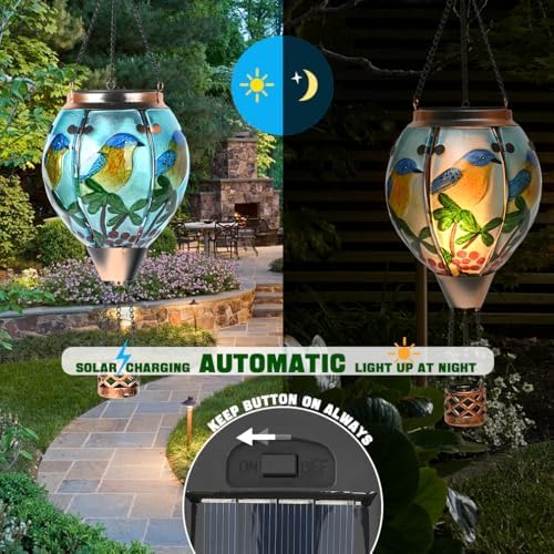 Hot Air Balloon Solar Lantern - Bluebird Glass Lantern, Simulated Flickering & Dancing Flame, Outdoor Hanging Yard Light Waterproof IP65 for Patio Lawn Porch Decor Gift - Image 3