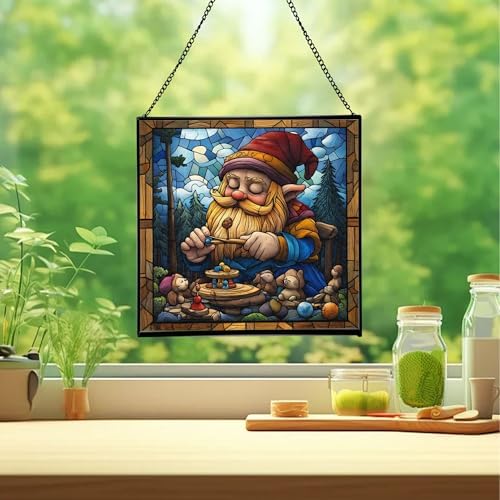 Gnome with Wooden Toys Stained Glass Suncatcher – Square Hanging Window Panel for Home, Garden, Nursery, Halloween, Christmas, Memorial Day – Whimsical Glass Art Gift for Gnome Lovers wkbozm - Image 2