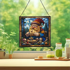 Gnome with Wooden Toys Stained Glass Suncatcher – Square Hanging Window Panel for Home, Garden, Nursery, Halloween, Christmas, Memorial Day – Whimsical Glass Art Gift for Gnome Lovers wkbozm - Image 2