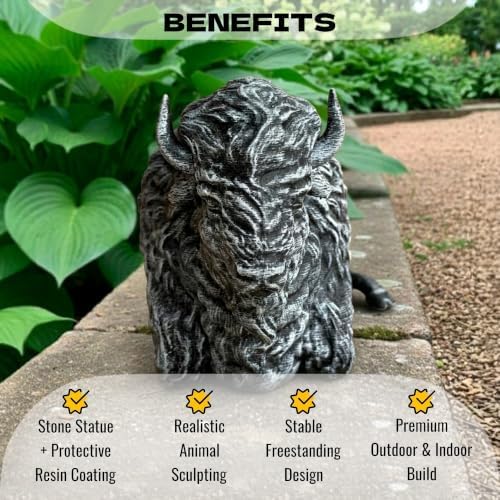 OLOMA Sitting Bison Garden Statue Concrete Outdoor Buffalo Handmade Sculpture Yard Decor Patio Lawn Ornament Cement Wildlife Animal Accent Rustic Farmhouse Gift Realistic Bison Sculpting - Image 2
