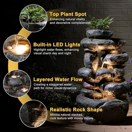5 Tiers Cascading Solar Water Fountain Outdoor Fountain with LED Lights - Image 3