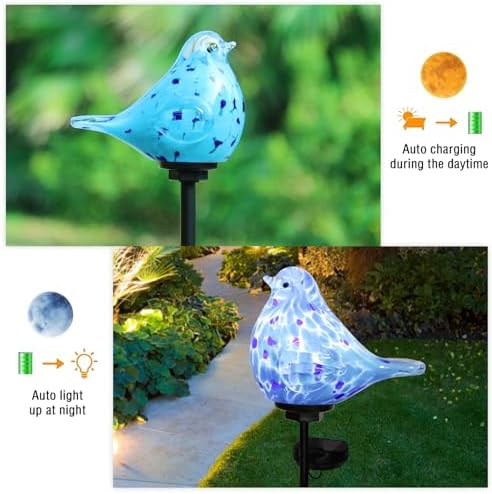 Solar Garden Stake, Hand-Blown Glass Bluebird Light Outdoor Garden Decor - Image 3