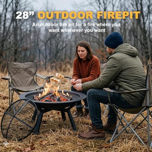 Outdoor Wood Burning Fire Pit, Heavy Duty Round Steel Fire Bowl for Backyard, Patio, Camping, Bonfire, Black Finish, with Mesh Spark Screen and Hook - Image 2